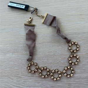 Ann Taylor Statement Necklace Brown / Beige Ribbon and Crystal NWT